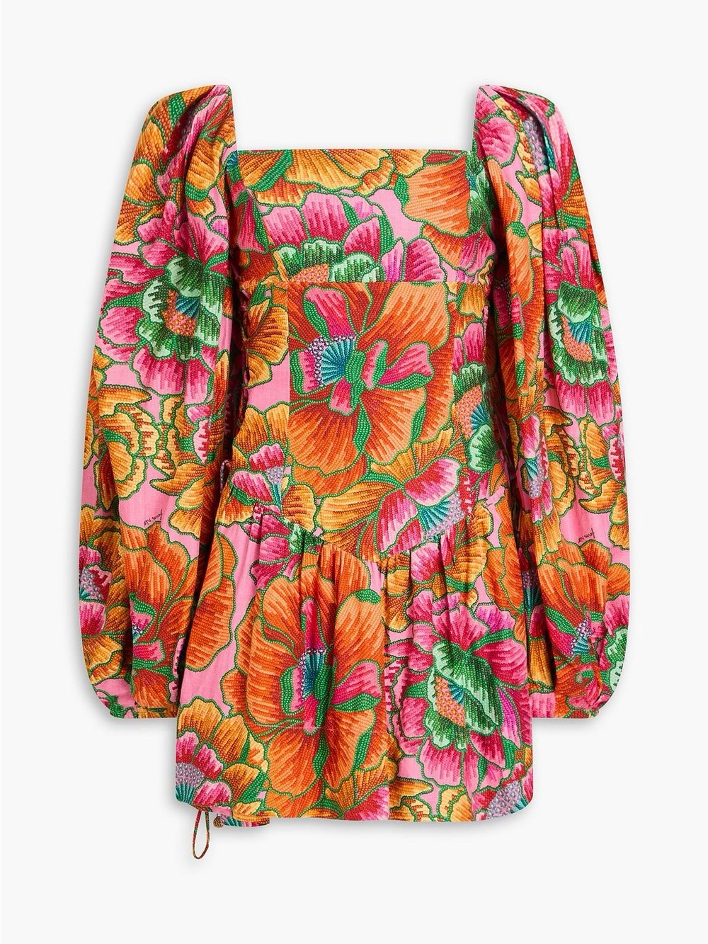 FARM Rio Bold Linen Floral Puff-Sleeve Mini Dress in Pink, Orange and Green